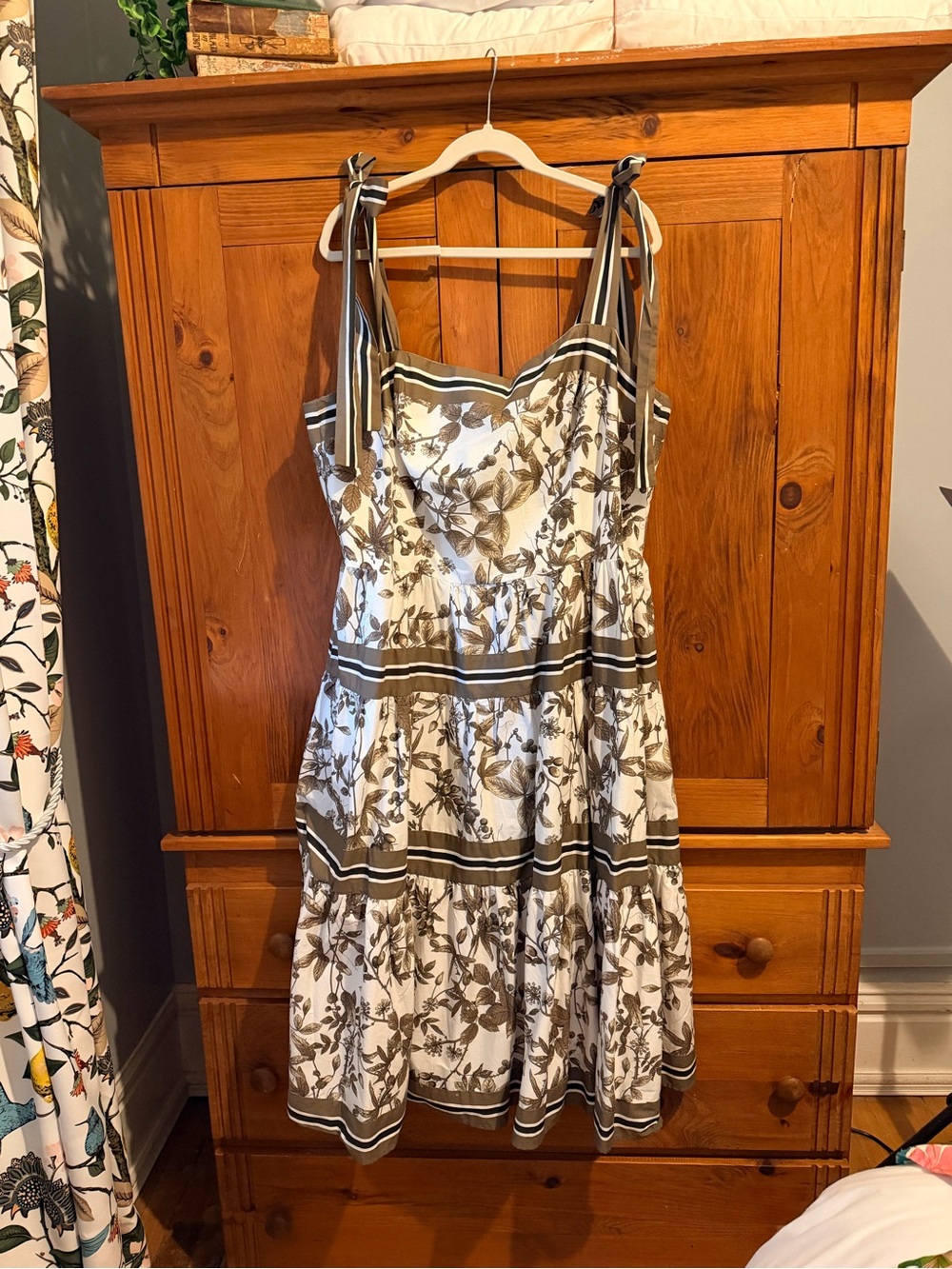 Floral Tie-Shoulder Midi Dress in Ivory and Olive
